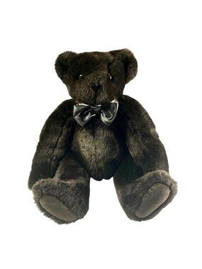 Vintage 1997 Vermont Teddy Bear Jointed Dark Chocolate Brown Bow Tie 16”